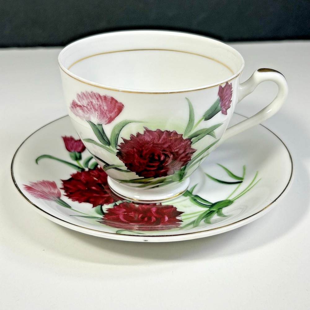 Vintage Japan Hand Painted Carnation Teacup & Saucer Set C-244 Gold Trim